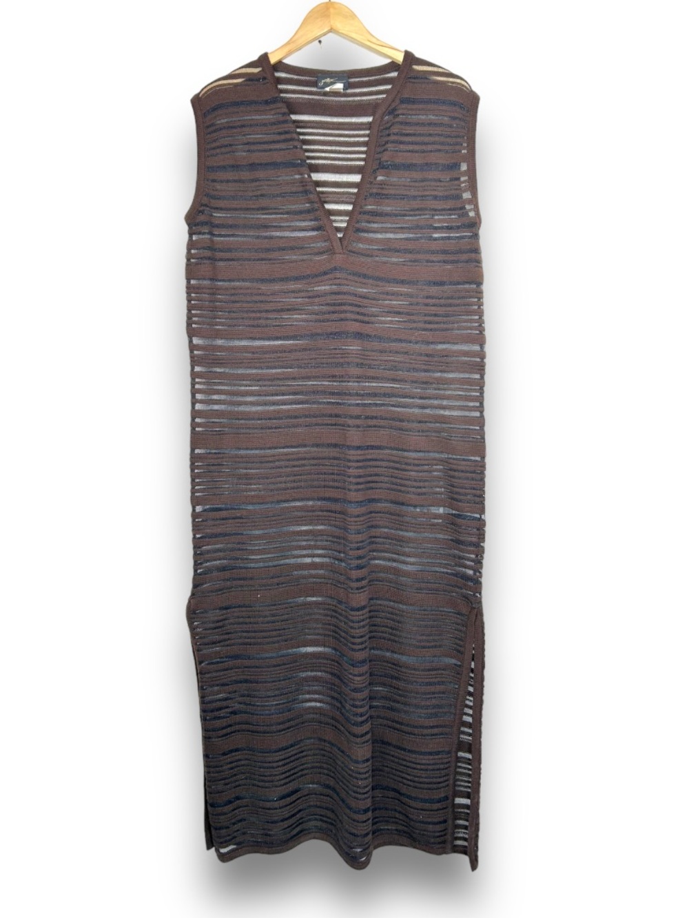 4/$20 Gottex Brown Open Knit Sleeveless Maxi Swim Cover Up Dress Side Slit - Picture 2 of 3
